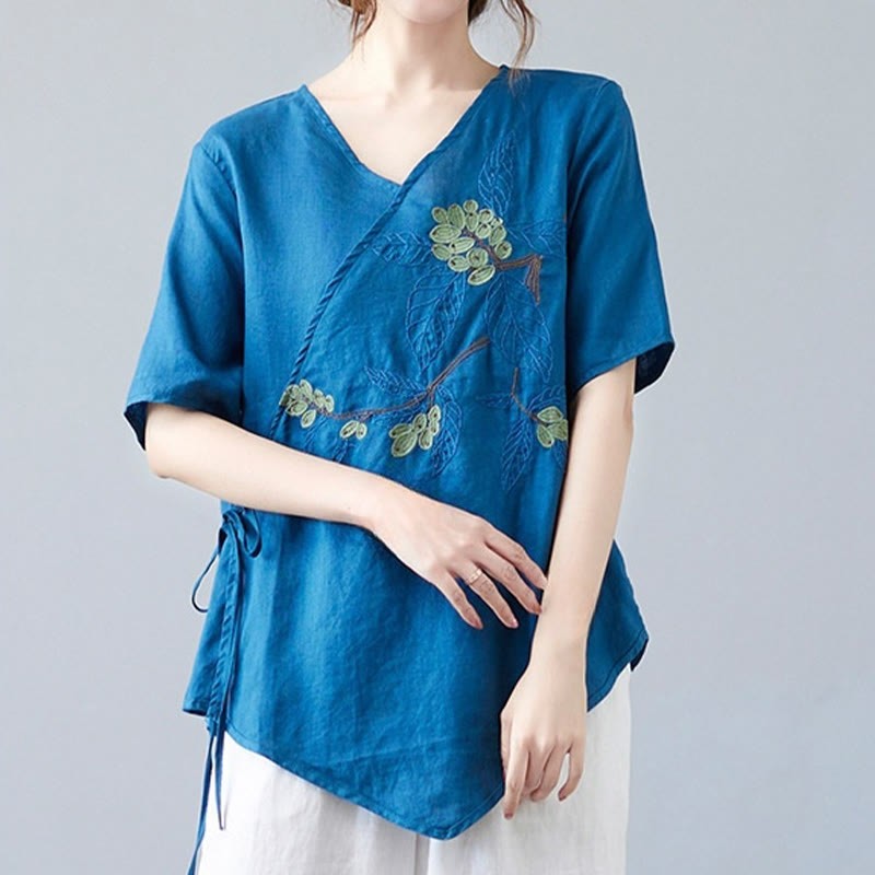 Summer Casual Ethnic Embroidery Flower Lace-up Short Sleeve V-neck Cotton Linen Women's T-Shirt