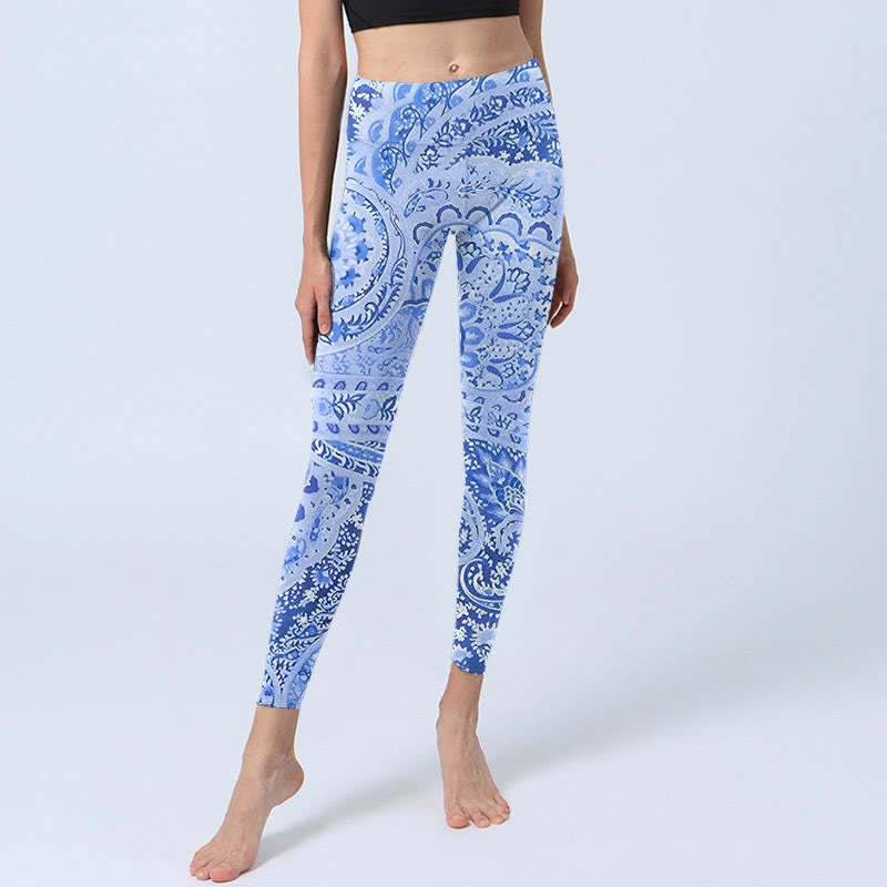 Persian Style RoyalBlue White Flowers Pattern Print Exercise Leggings Women's Yoga Pants