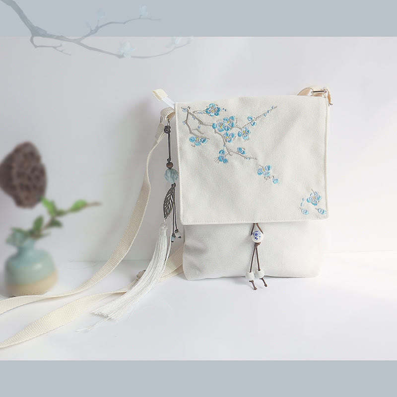 Handmade Embroidered Plum Flowers Canvas Crossbody Bag Shoulder Bag Handbag