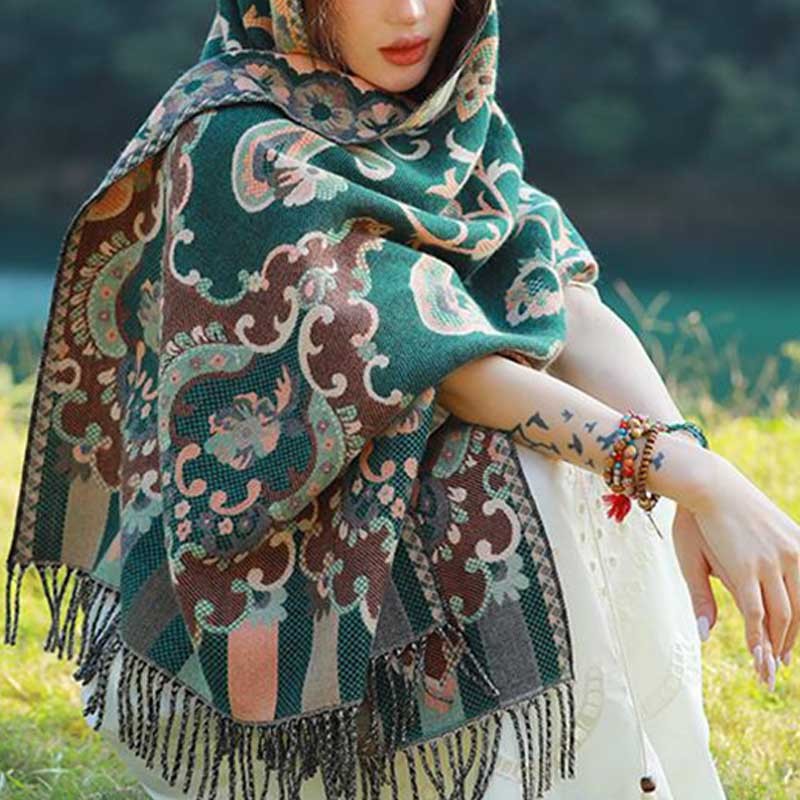 Tibetan Flowers Leaves Branch Design Tassel Shawl Cozy Travel Scarf Wrap