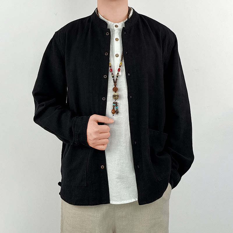 Casual Solid Color Ramie Linen Cotton Men's Shirt With Pockets