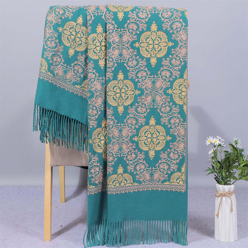 Polyester Shawl Symmetry Gold Filigree Embroidery Tassel Winter Cozy Travel Scarf Wrap