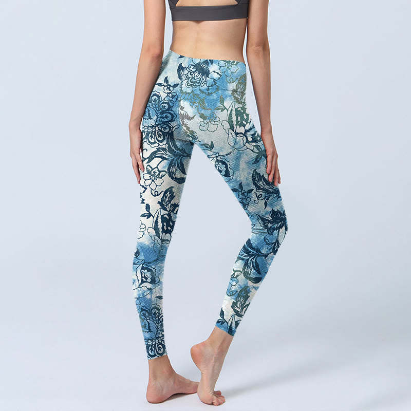 Peony Chrysanthemum Print Gym Leggings Women's Yoga Pants