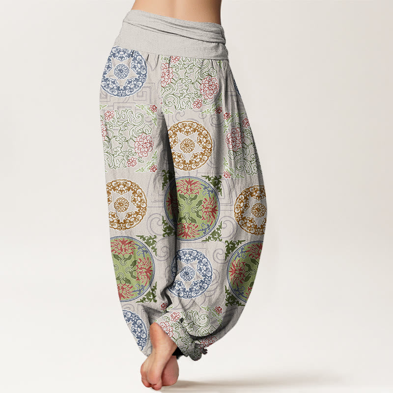 Round Shapes Chinese Floral Pattern Design Women's Elastic Waist Harem Pants