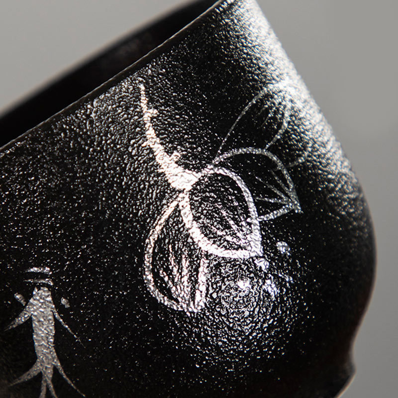 Hand Painted Lotus Flower Bamboo Chrysanthemum Black Pottery Ceramic Teacup Kung Fu Tea Cup 95ml