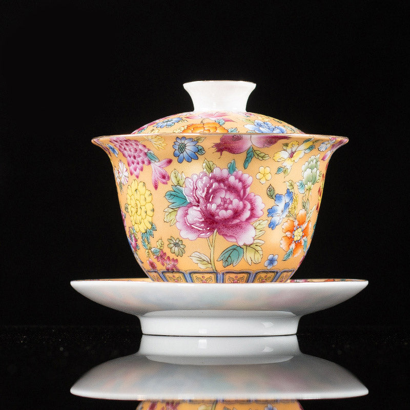 Peony Flowers Ceramic Gaiwan Sancai Teacup Kung Fu Tea Cup And Saucer With Lid