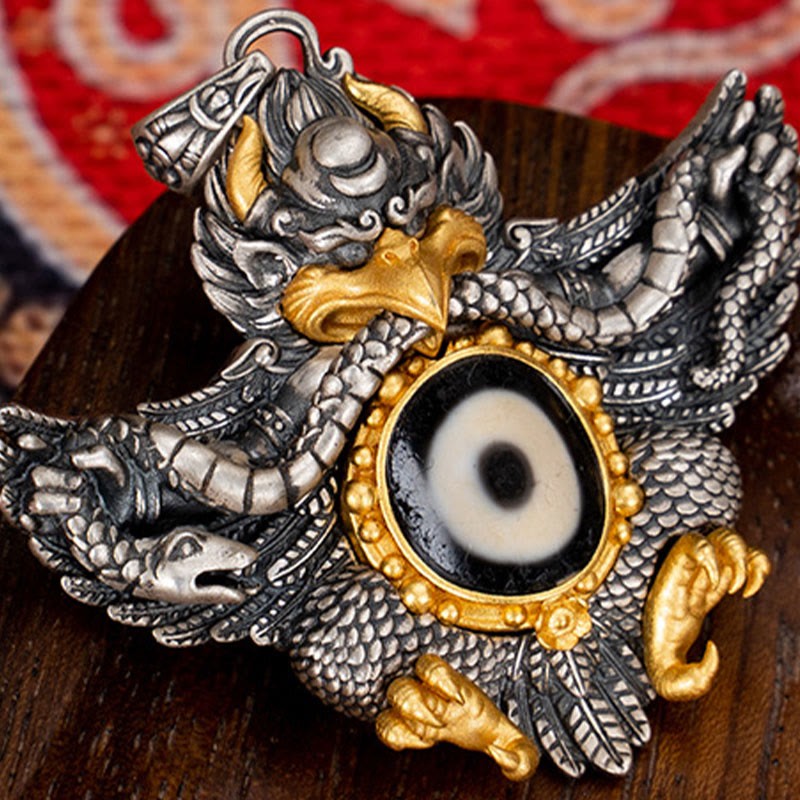 925 Sterling Silver Tibet Garuda Bird Dzi Bead Protection Necklace Pendant