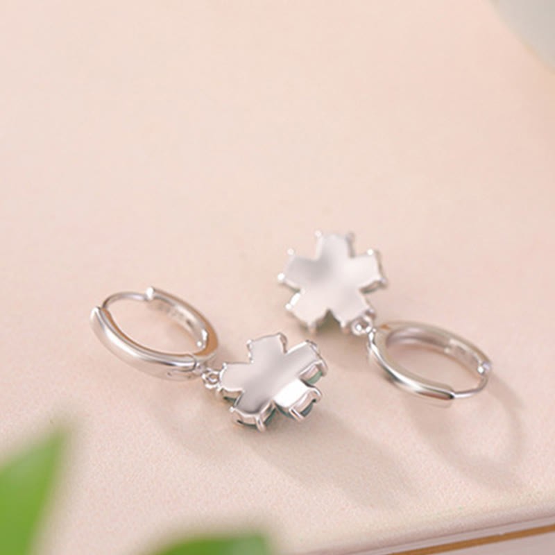 925 Sterling Silver Plated Gold Green Jade Flower Design Luck Prosperity Earrings