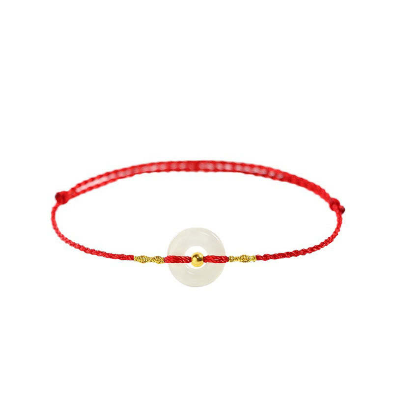 999 Gold Bead Round Peace Buckle Hetian Jade Luck Abundance Braided Bracelet Anklet