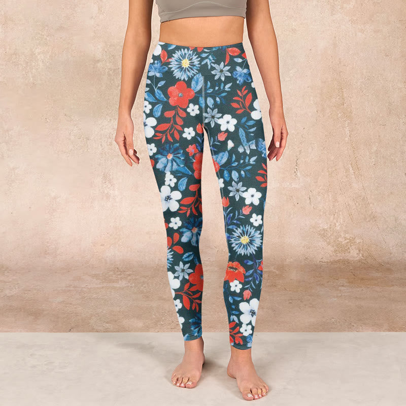 Red White Flower Dandelion Print Gym Fitness Leggings Women's Yoga Pants