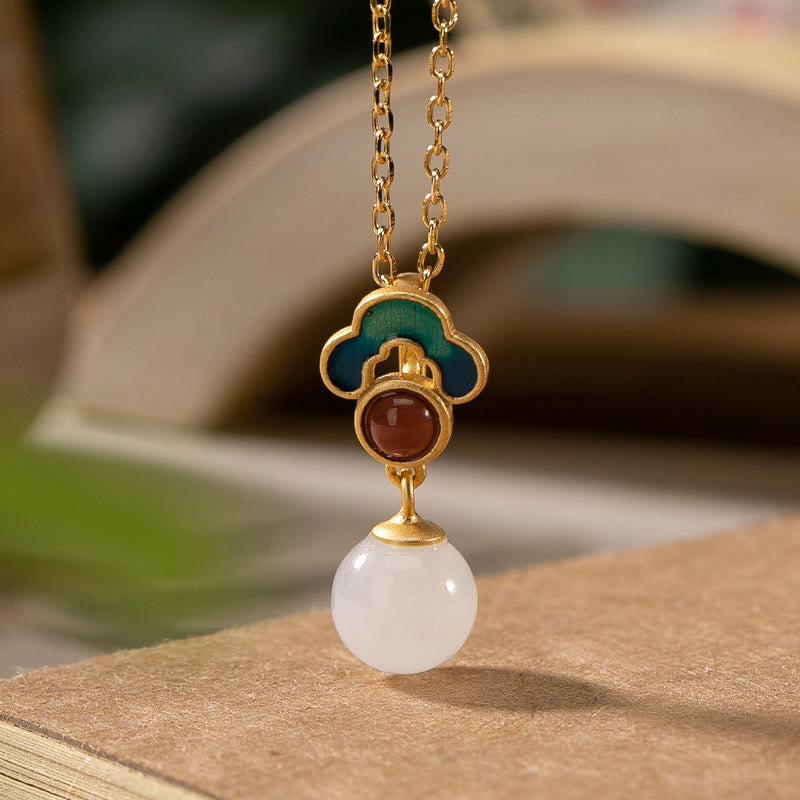 925 Sterling Silver Plated Gold Natural Hetian White Jade Auspicious Clouds Luck Necklace Pendant Ring Earrings Set