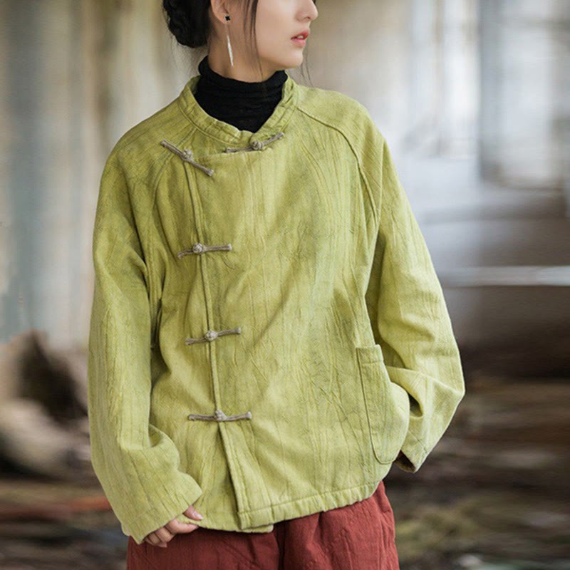 Solid Color Frog-button Thermal Long Sleeve Ramie Linen Women's Shirt