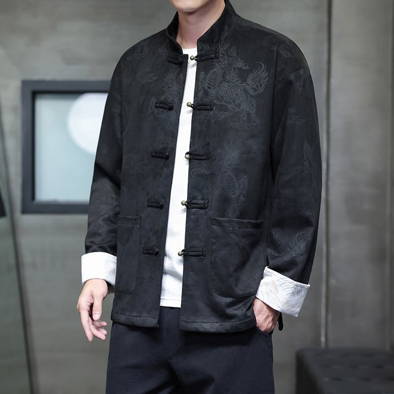 Chinese New Year Kirin Print Frog-button Tang Suit Men's Jacket Shirt With Pockets
