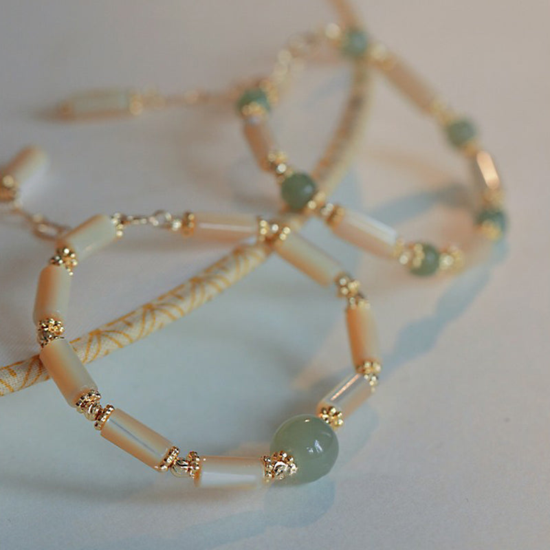 14K Gold Plated Tridacna Stone Hetian Jade Bead Bamboo Pattern Bracelet