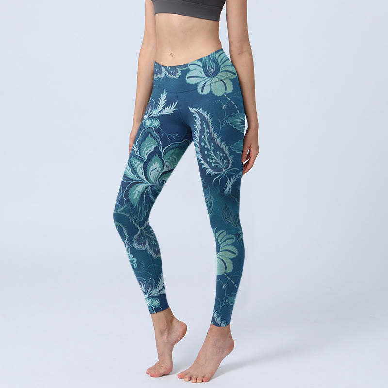 Blue Flowers Print Sports Fitness Leggings Women's Yoga Pants