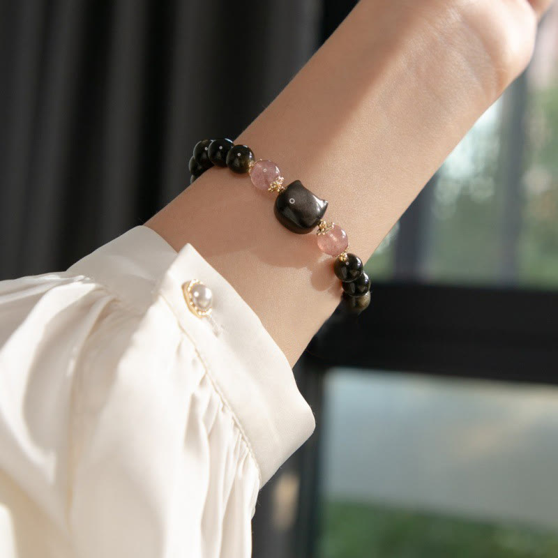 Black Obsidian Strawberry Quartz Beads Silver Sheen Obsidian Cat Head Strength  Bracelet