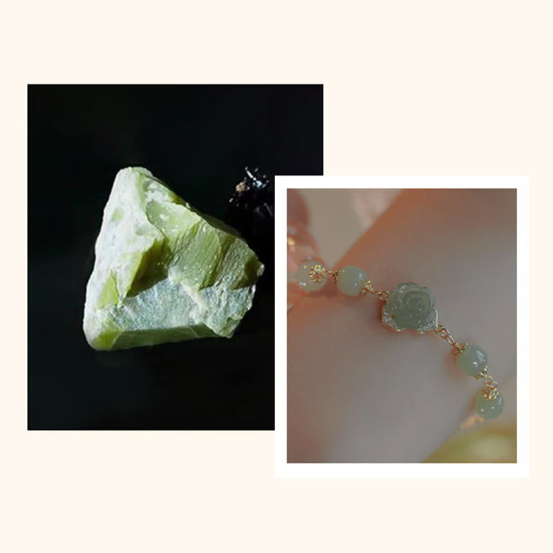 14K Gold Plated Hetian Jade Rose Flower Luck Chain Bracelet