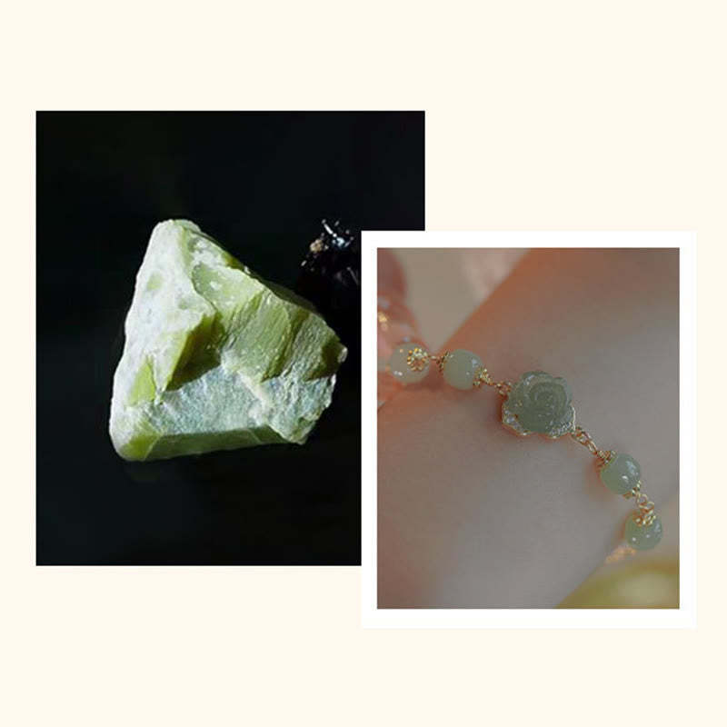 14K Gold Plated Hetian Jade Rose Flower Luck Chain Bracelet