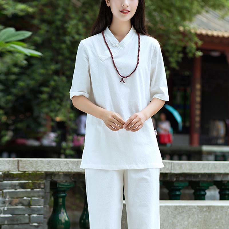 2Pcs Half Sleeve V-Neck Shirt Top Pants Meditation Zen Tai Chi Linen Clothing Women's Set