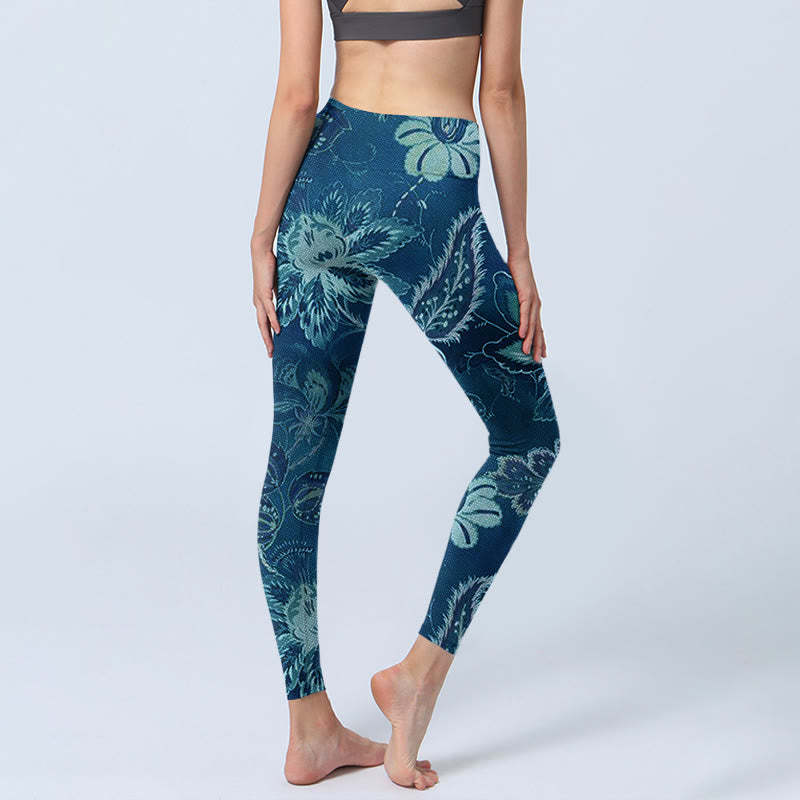 Blue Flowers Print Sports Fitness Leggings Women's Yoga Pants