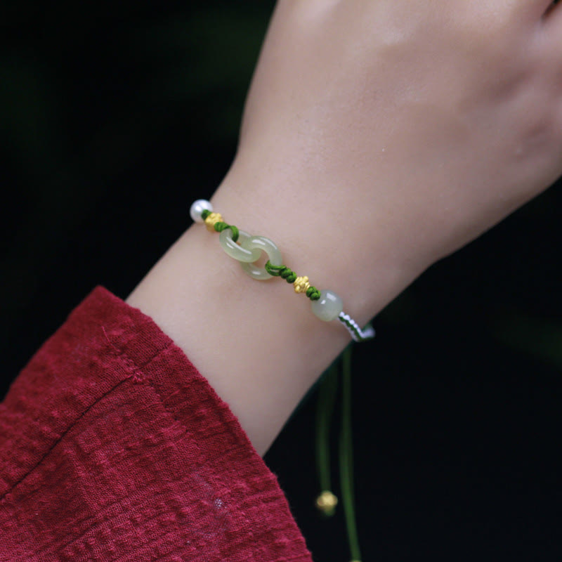 925 Sterling Silver Hetian Jade Double Peace Buckle Luck Braided Bracelet