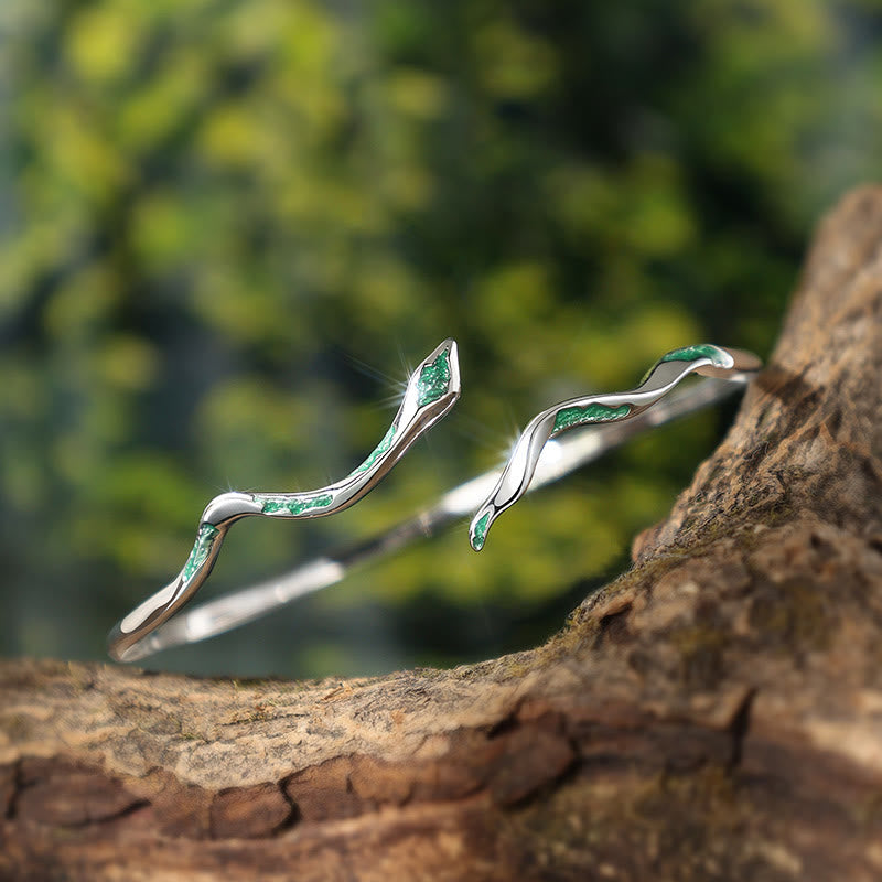 925 Sterling Silver Green Snake Enamel Craft Year Of The Snake Calm Cuff Bracelet Bangle