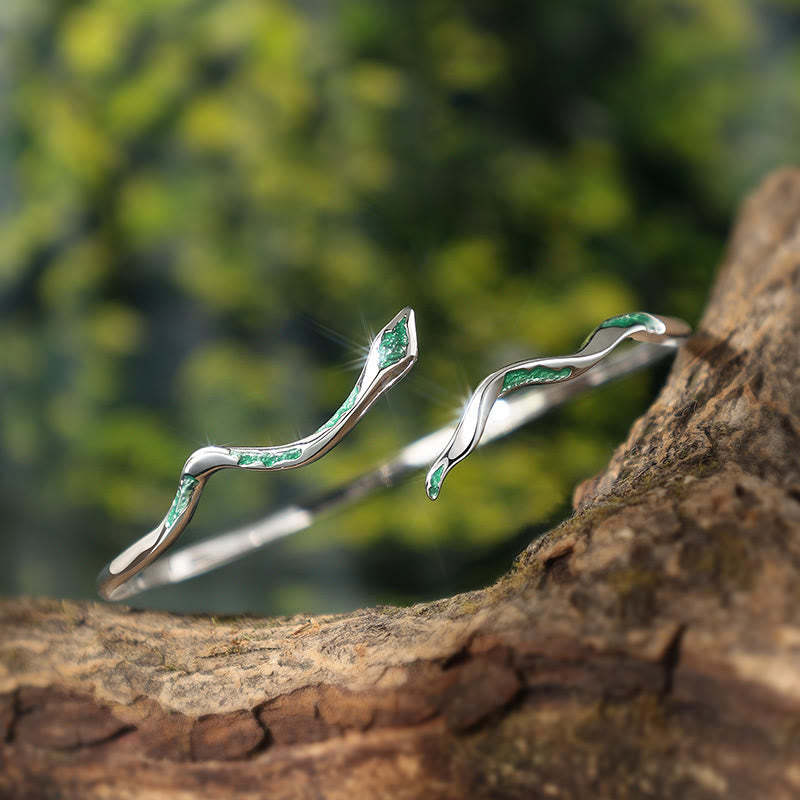 925 Sterling Silver Green Snake Enamel Craft Year Of The Snake Calm Cuff Bracelet Bangle