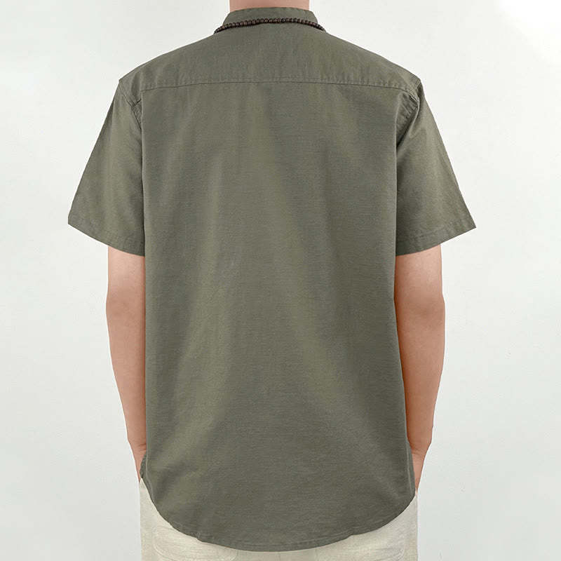 Solid Color Men Short Sleeve Button Linen Shirt