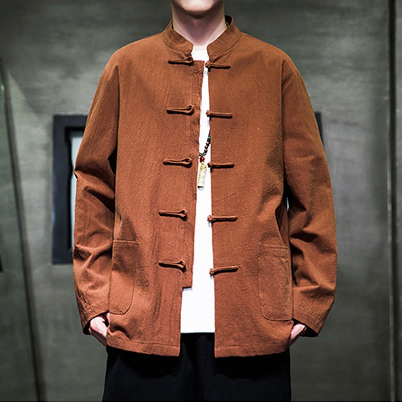 Solid Color Frog-button Tang Suit Cotton Linen Men's Jacket Shirt With Pockets