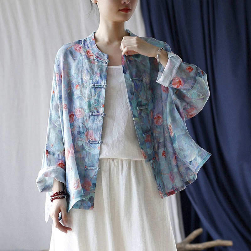 Pink Flowers Green Leaves Print Frog-button Design Long Sleeve Ramie Linen Jacket Shirt