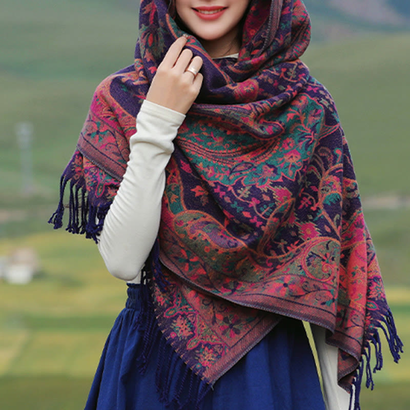 Tibetan Cashew Flowers Vine Pattern Tassels Shawl Fall Winter Soft Scarf Wrap