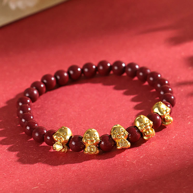 Cinnabar 999 Sterling Silver Fu Character Coin Gold Ingot Year of the Snake Calm Bracelet