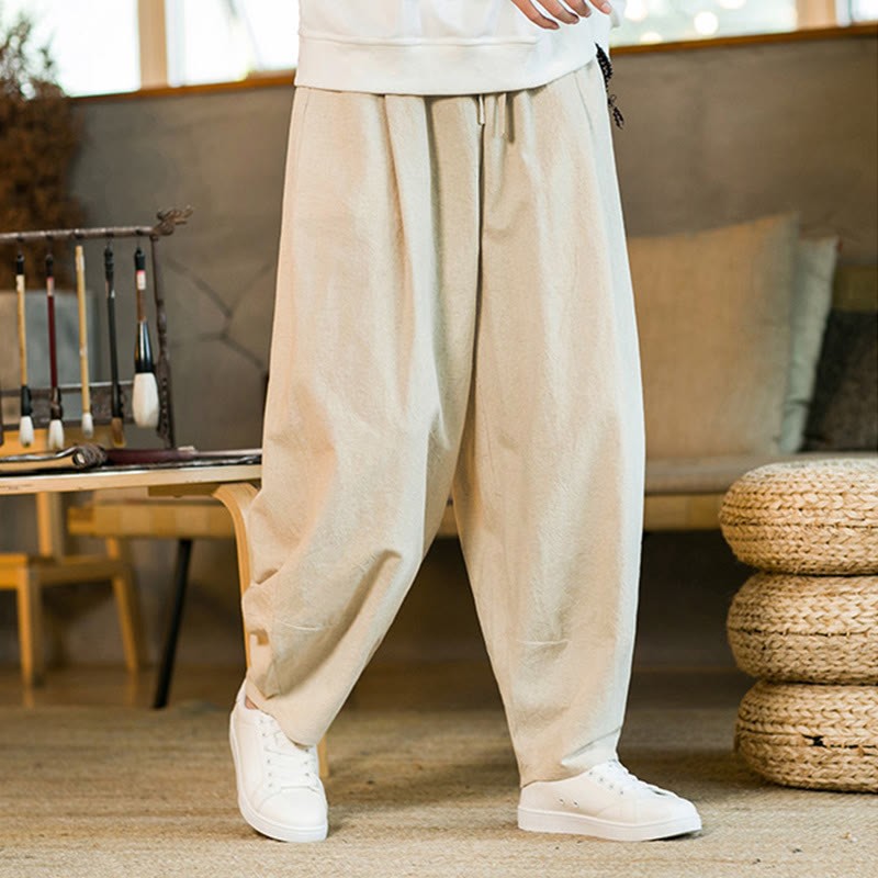 Solid Color Cotton Linen Drawstring Men's Harem Pants With Pockets