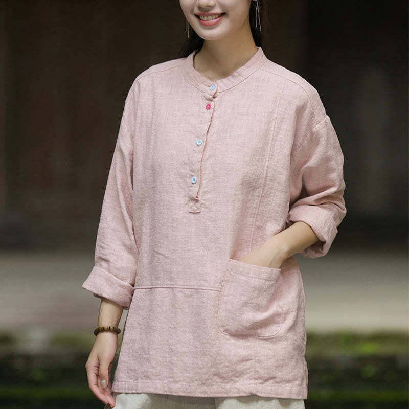 Solid Color Long Sleeve Ramie Linen Half Button Women's Shirt