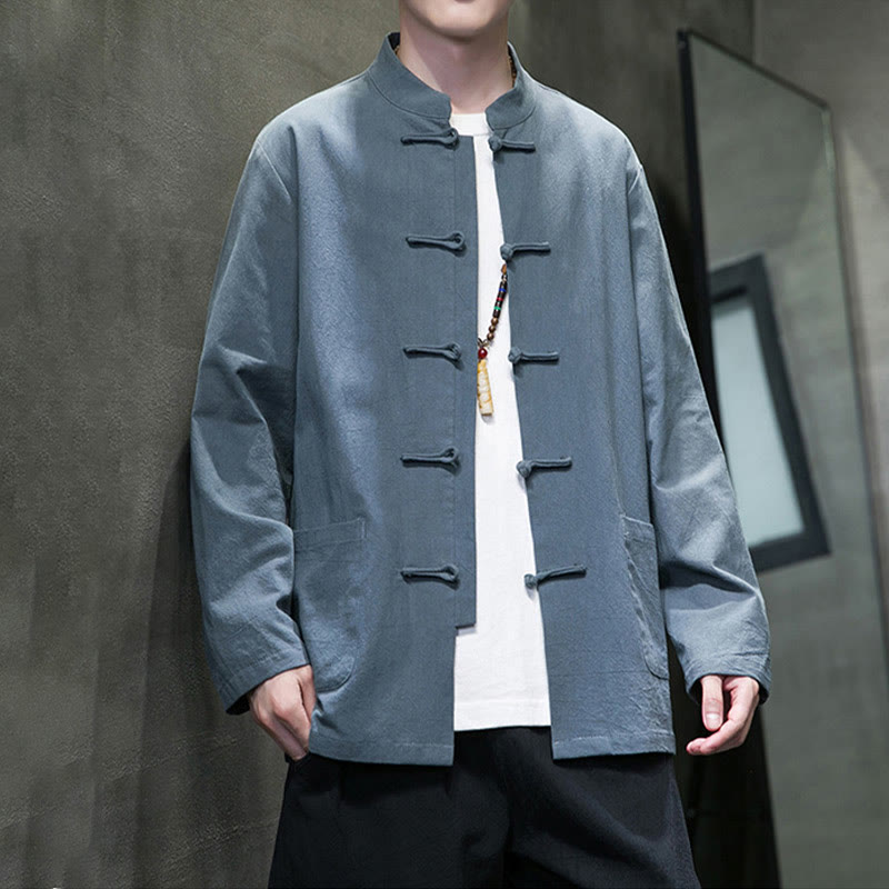 Solid Color Frog-button Tang Suit Cotton Linen Men's Jacket Shirt With Pockets