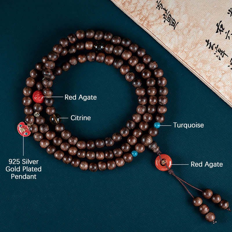 108 Mala Beads Kalimantan Agarwood Laughing mystic zen Peace Buckle Red Agate Jade Strength Bracelet