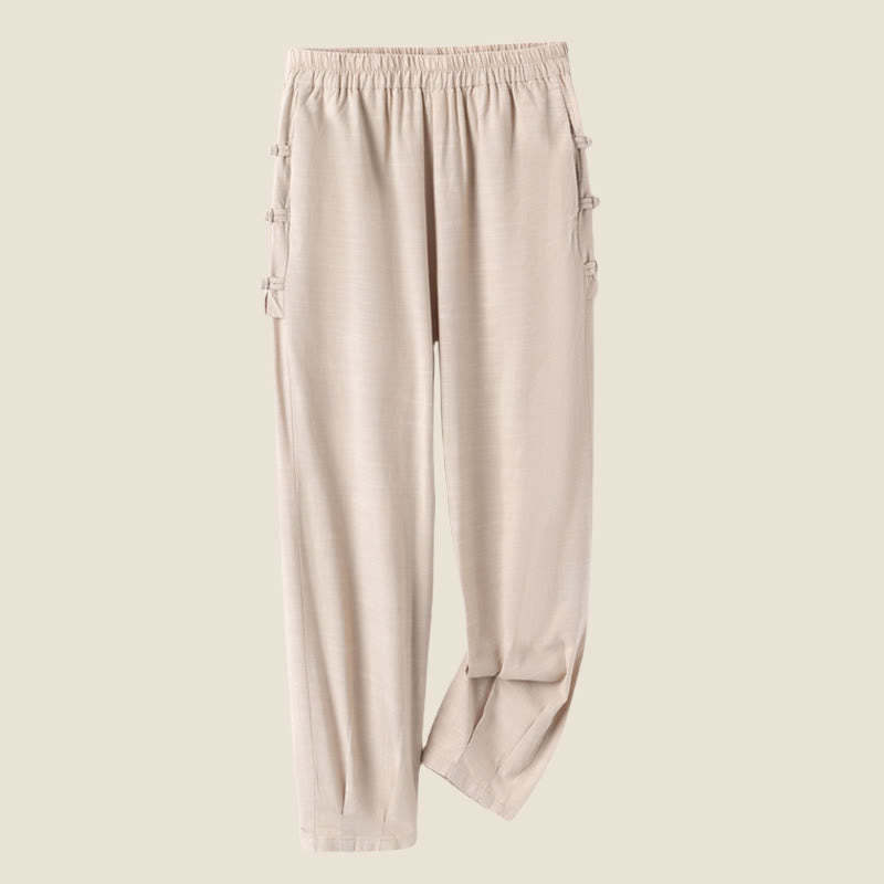 Casual Frog-button Plain Women's Cotton Linen Pants With Pockets