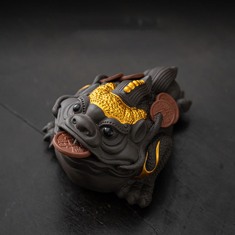 Feng Shui Frog Toad Copper Coins Ceramic Purple Clay Wealth Home Tea Pet Figurine Decoration