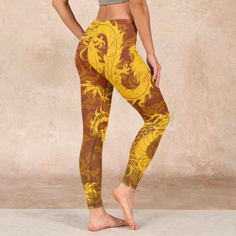 Golden Dragon Flowers Print Gym Leggings Women's Yoga Pants