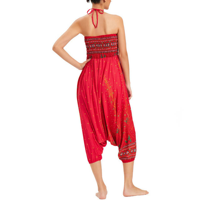 Two Style Wear Peacock Feather Loose Smocked Harem Trousers Jumpsuit High Waist Pants