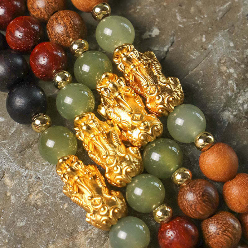 999 Sterling Silver Sandalwood Ebony Wood Small Leaf Red Sandalwood Hetian Jade Cinnabar PiXiu Wealth Bracelet