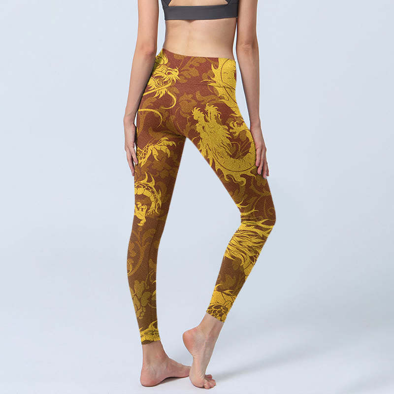 Golden Dragon Flowers Print Gym Leggings Women's Yoga Pants