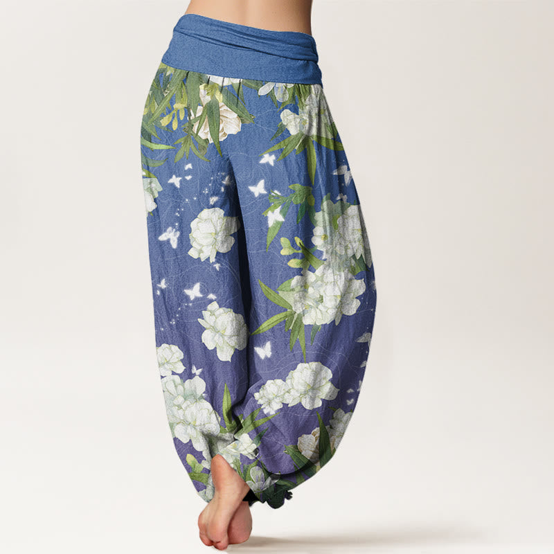 Casual White Flowers Women's Elastic Waist Harem Pants
