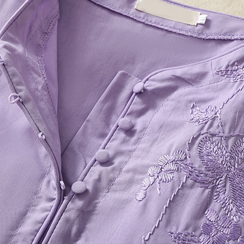 Summer Orchid Embroidery Lace-Up V-Neck Half Sleeve Cotton Linen Midi Dress With Pockets