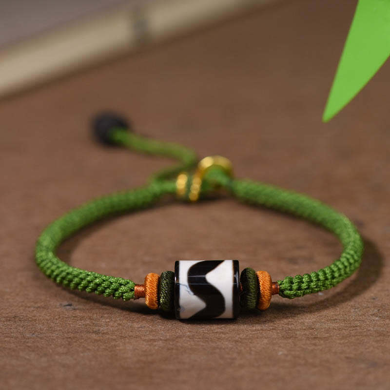 Handmade Tibetan Dzi Bead Protection Braided Green Rope Bracelet