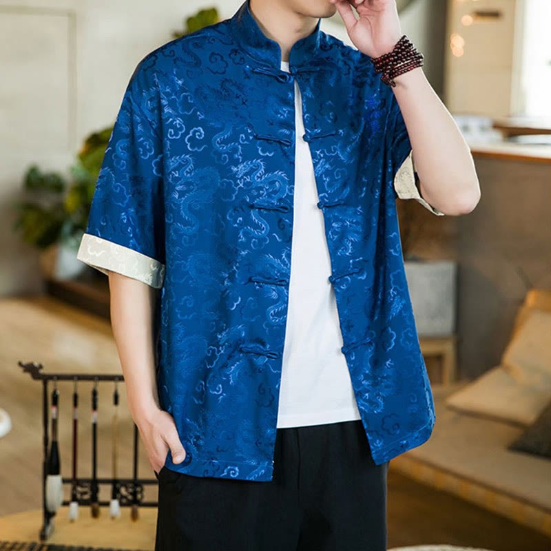 Chinese Tang Suit Frog-button Dragon Print Men's Half Sleeve Shirts