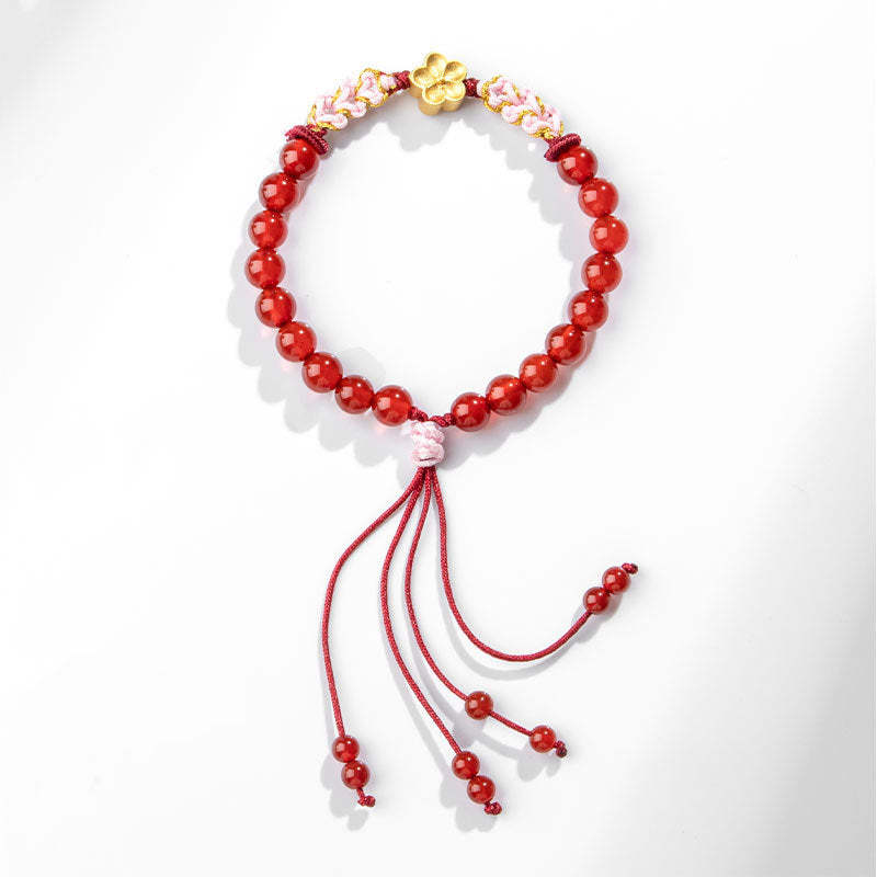 999 Sterling Silver Natural Red Agate Pink Crystal Cherry blossom Bracelet