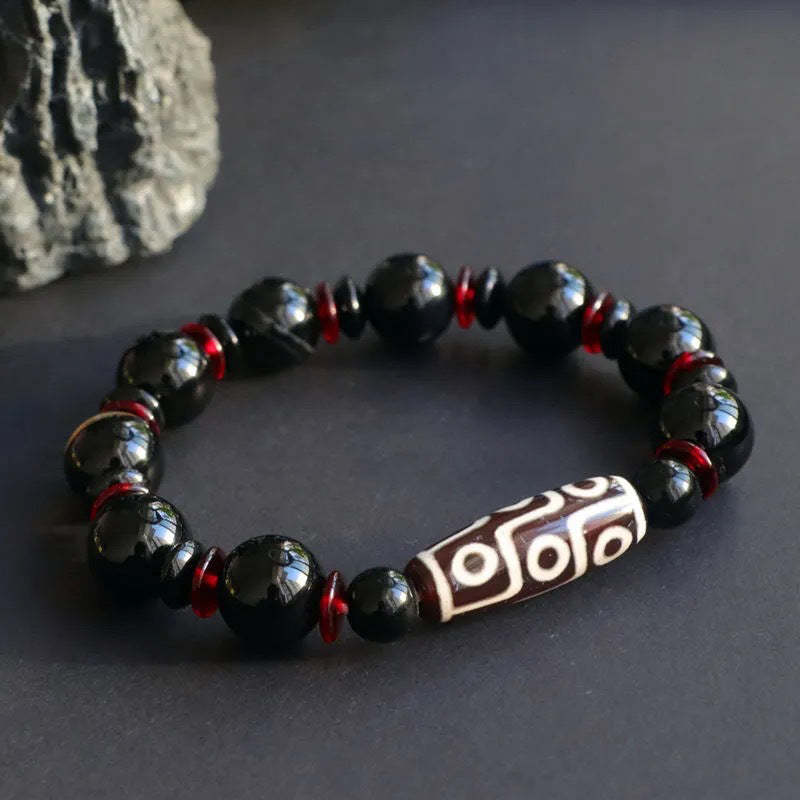 Black Onyx Nine-Eye Dzi Bead Wealth Protection Bracelet