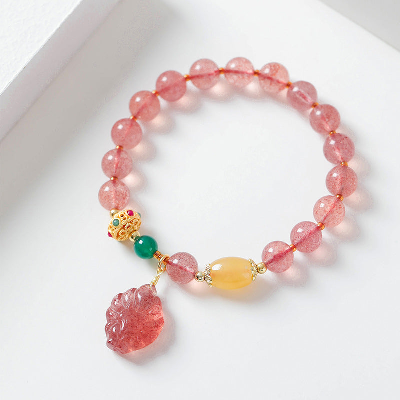 Natural Strawberry Quartz Nine-Tailed Fox Healing Bracelet