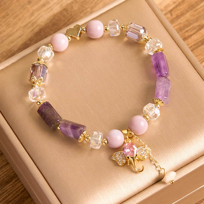 Amethyst Green Aventurine Strawberry Quartz Positive Elephant Charm Bracelet